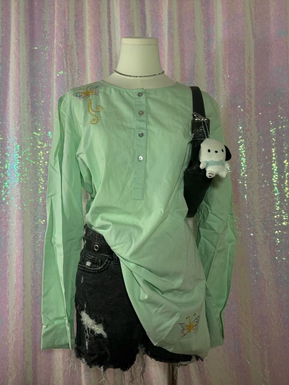 Together Pastel Green Butterfly Embroidered Long Sleeve Tunic Blouse ★彡